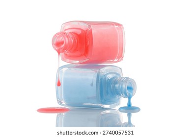 Creative nail polish composition with two open bottles stacked, pink and blue lacquer dripping on a reflective surface. Minimal beauty concept on white background, perfect for manicure, nail art, cosmetics branding and salon advertising.