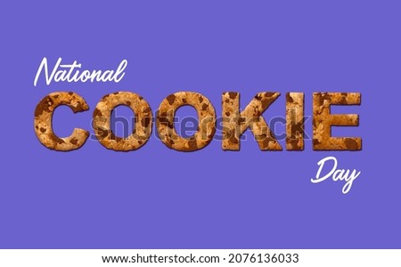 Creative National Cookie Day poster design with chocolate chip biscuit text centered over a purple background with copyspace, 3D illustration with copy space