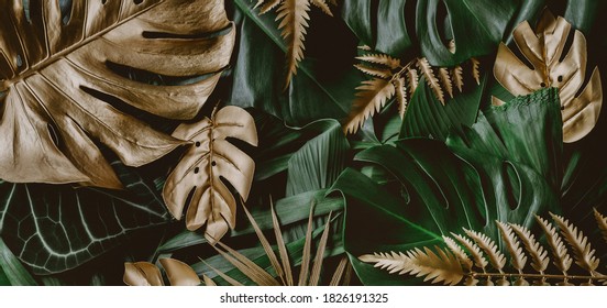 Creative Nature Background. Gold And Green Tropical Monstera And Palm Leaves. Minimal Summer Abstract Jungle Or Forest Pattern.