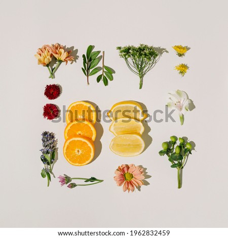 Creative nature composition. Spring flowers and fruits on a pastel beige background. Fresh summer arraignment.