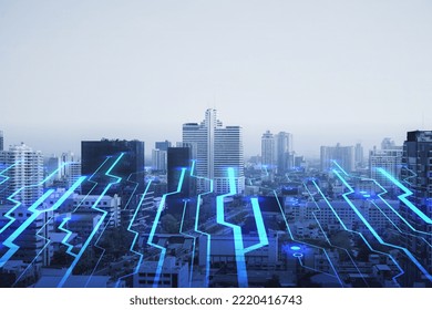 Creative night circuit city backdrop with mock up place in sky. Smart city, ai and digital transformation concept. Double exposure