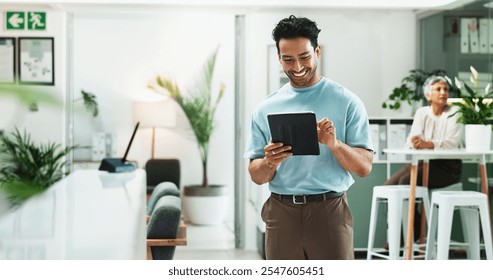 Creative, office and man with tablet, smile or planning online schedule at design agency. Scroll, research and happy consultant on digital app for business agenda, website idea or project inspiration - Powered by Shutterstock