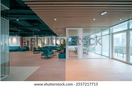 A creative office space with green and wood themes