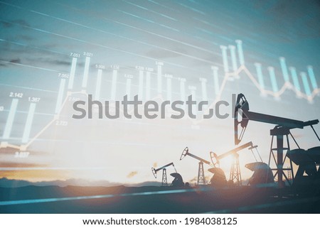 Creative oil mining and growing forex chart background at sunset. Price and oil market concept. Double exposure