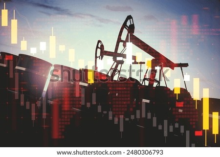 Creative oil pumping background with falling forex chart hologram. Financial crisis, market and trade concept. Double exposure