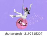 Creative painting collage postcard graphics of funny funky girl sit large big discoball enjoy party isolated on drawing background