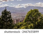 Creative panorama (cityscape) of Medellin, Medellín, Antioquia, Colombia, on a sunny day. The pictures shows condominiums. Green trees in the foreground.
