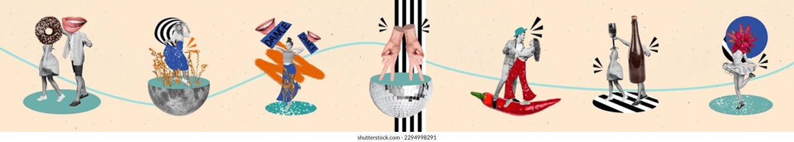 Creative panorama collage cadre of young people dancing have fun retro disco ball eat donuts drink alcohol disco ball isolated on painted background