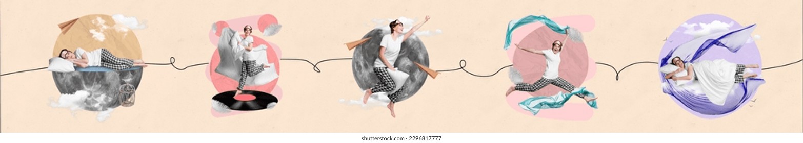 Creative panorama poster collage of different lady have happy fun sleep dream advertise soft comfy bed brand product - Powered by Shutterstock