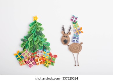 Creative Paper Christmas Tree And Reindeer On A White Background. Quilling