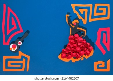 Creative paper craft Hispanic heritage month flat lay with traditional Guna people  textile design elements and salsa dancer - Shutterstock ID 2164482307