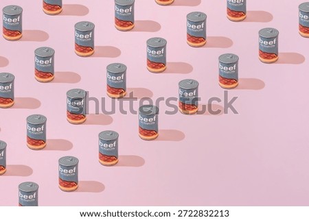 Creative Pattern Canned Beef can flat lay on pastel pink background minimalism style with copy space for text