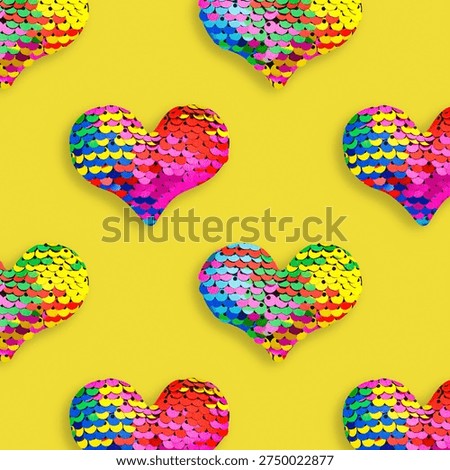 Creative pattern of colored hearts of sparkling sequins, blue red purple yellow colors. 14 february Valentines day holiday graphics, festive concept, pop art style, shiny sequins heart as fish scale