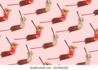 Creative pattern made of cocktailswith straw on pastel pink background with sunny dayshadow. Minimal summer party concept. Celebration and event visual. - Shutterstock ID 2213916187