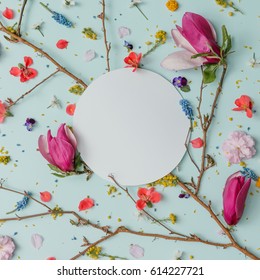 Creative Pattern Made Of Colorful Spring Flowers With Copy Space. Minimal Style. Flat Lay.