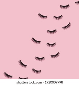Creative pattern made with false eyelashes on pastel pink background. 80s, 90s Retro style aesthetic. Trendy and fashion beauty romantic makeup idea.