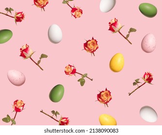 Creative pattern made of rose flowers and colorful Easter eggs on pastel pink background. Spring holidays concept. - Powered by Shutterstock