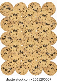 A creative pattern of overlapping chocolate chip cookies against a white background. Ideal for use in food-themed designs, bakery branding, or dessert-related visual projects.