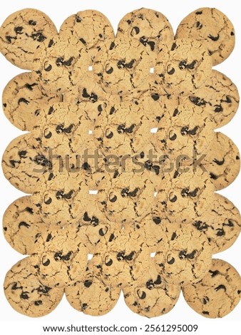 A creative pattern of overlapping chocolate chip cookies against a white background. Ideal for use in food-themed designs, bakery branding, or dessert-related visual projects.