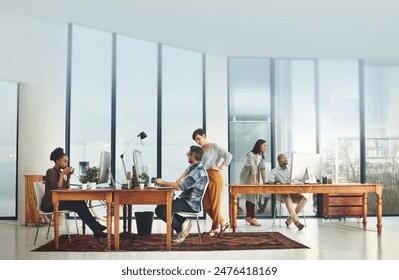 Creative, people and coworking space in office for business on project in company as developer in digital agency. Group, feedback and collaboration in communication, growth or career in brand design - Powered by Shutterstock