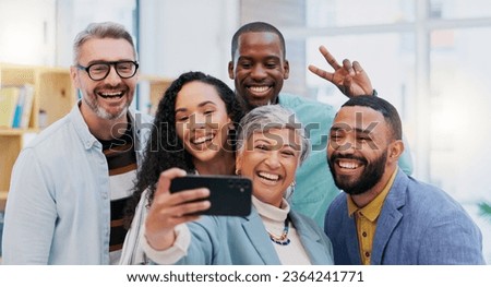 Creative people, selfie and team building in meeting for photo, memory or vlog at the office. Goofy, silly or humor group smile in teamwork for funny picture, social media or startup at the business