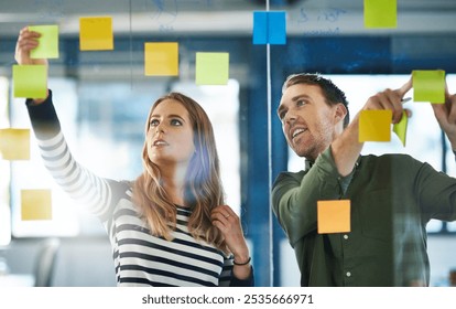Creative, people and session with notes on glass wall of planning, future ideas and business schedule. Smile, staff and brainstorming mind map of information, presentation agenda and project timeline