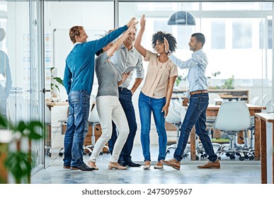 Creative people, success and high five in office for support, teamwork and collaboration with startup project. Business employees or group with hands together for job achievement, news or well done - Powered by Shutterstock