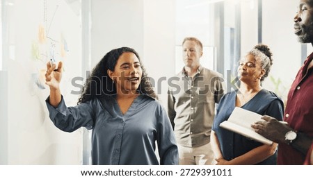 Creative, people and talking with notes on whiteboard for training, planning and story ideas. Woman, meeting and coaching with teamwork, copywriting schedule and editor feedback for news publication