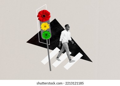 Creative photo 3d collage artwork poster postcard funny funky man pedestrian pass road black white gamma isolated drawing background