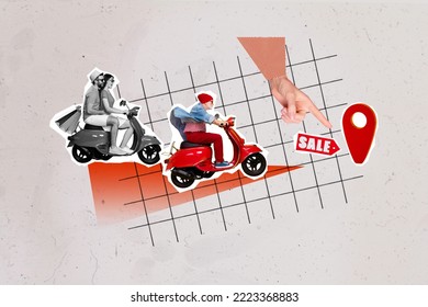 Creative photo 3d collage artwork poster of funny people hurry sale store mall center place destination isolated on painting background