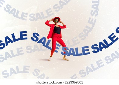 Creative photo 3d collage artwork poster of happy young stylish personage rejoice low price sale boutique isolated on painting background - Shutterstock ID 2223369001