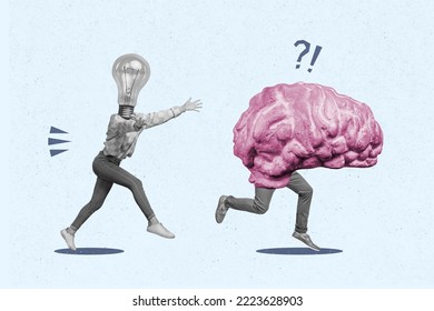 Creative photo 3d collage artwork poster of funny funky two moving personages lamp brain instead face isolated on painting background - Shutterstock ID 2223628903