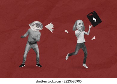 Creative photo 3d collage artwork poster postcard of two strange personages big eye look running boy isolated on painting background - Shutterstock ID 2223628905