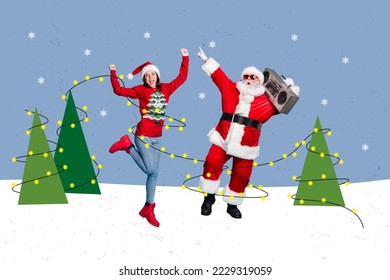 Creative photo 3d collage artwork poster postcard of two funny funky person relax chill vibe winter forest isolated on painting background - Powered by Shutterstock