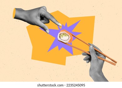 Creative photo 3d collage artwork poster postcard of two human arm hold sticks sushi enjoying tasty meal isolated on painting background