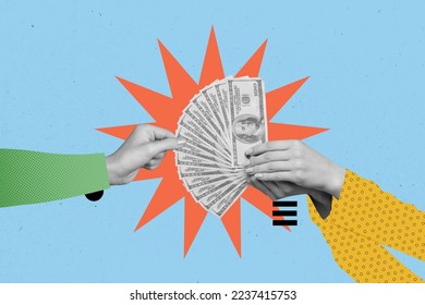Creative photo 3d collage artwork postcard poster picture of two human arm hold money pay purchase isolated on painting background