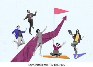 Creative photo 3d collage artwork poster postcard picture of many happy people celebrating success isolated on painting background