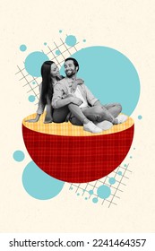 Creative photo 3d collage artwork poster postcard two people sitting plaid spend weekend together isolated painting background