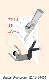 Creative photo 3d collage artwork poster postcard crazy man unexpected fall in love lay under big arm isolated painting background