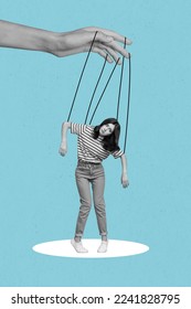 Creative photo 3d collage artwork poster of sad upset girl hanging rope under control big arm isolated on painting background