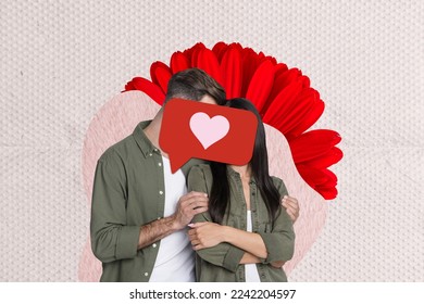 Creative photo 3d collage artwork poster postcard tender sweet couple cuddle kiss celebrate anniversary isolated painting background