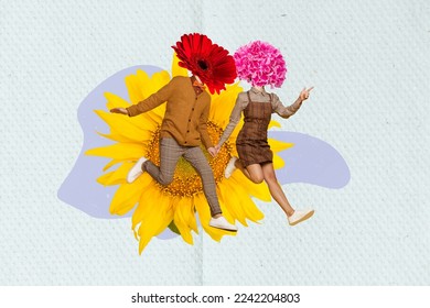 Creative photo 3d collage artwork poster postcard funky people hurrying flowers shop celebrate event isolated painting background