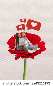 Creative photo 3d collage artwork poster postcard happy family sit gerbera enjoy romance cuddle embrace isolated painting background