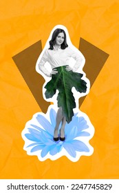 Creative photo 3d collage artwork postcard of gorgeous happy lady dressed nice outfit daisy green leaf isolated on painting background - Shutterstock ID 2247745829