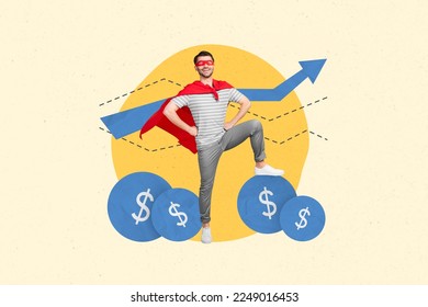 Creative photo 3d collage artwork poster postcard of successful man professional growth isolated on painting background