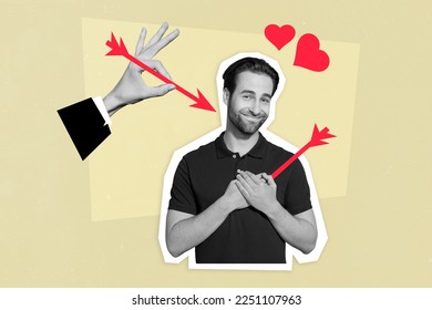 Creative photo 3d collage artwork poster postcard of happy man catch amour arrow fall in love isolated on painting background
