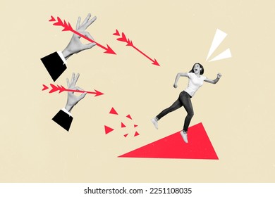 Creative photo 3d collage artwork poster postcard of human arms shooting girl running from relationship isolated on painting background