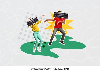 Creative photo 3d collage artwork poster postcard of crazy people have fun listening music isolated on painting background - Shutterstock ID 2252033015