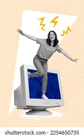 Creative photo 3d collage artwork poster picture of happy girl in old gadget continue live without light isolated on painting background - Shutterstock ID 2254650735