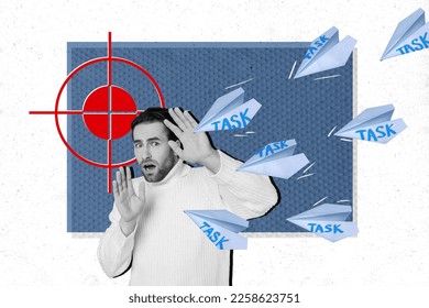 Creative photo 3d collage artwork poster postcard of worried man have many work assignments isolated on painting background